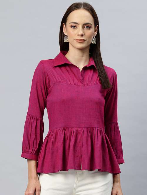 women solid puff sleeves peplum top - 21881219 -  Standard Image - 0