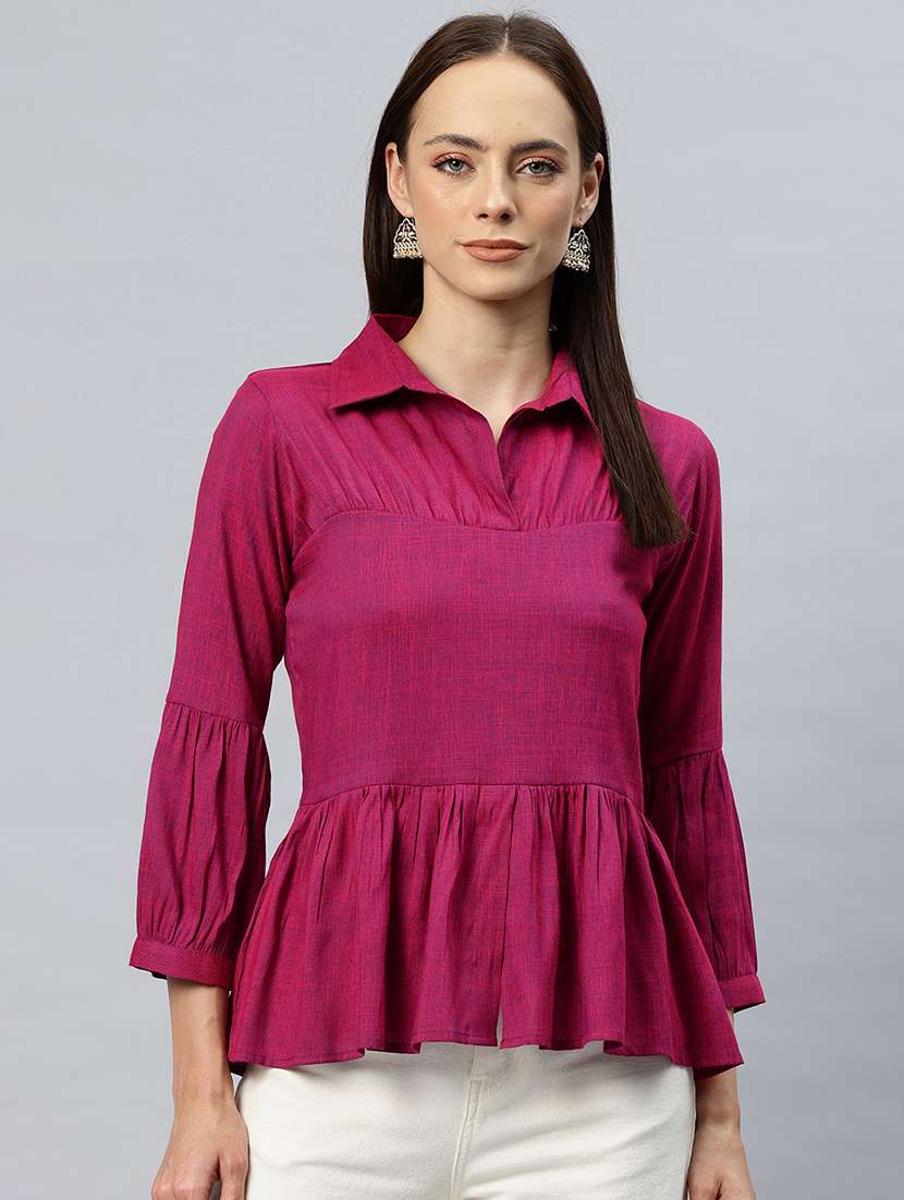 women solid puff sleeves peplum top - 21881219 -  Zoom Image - 0