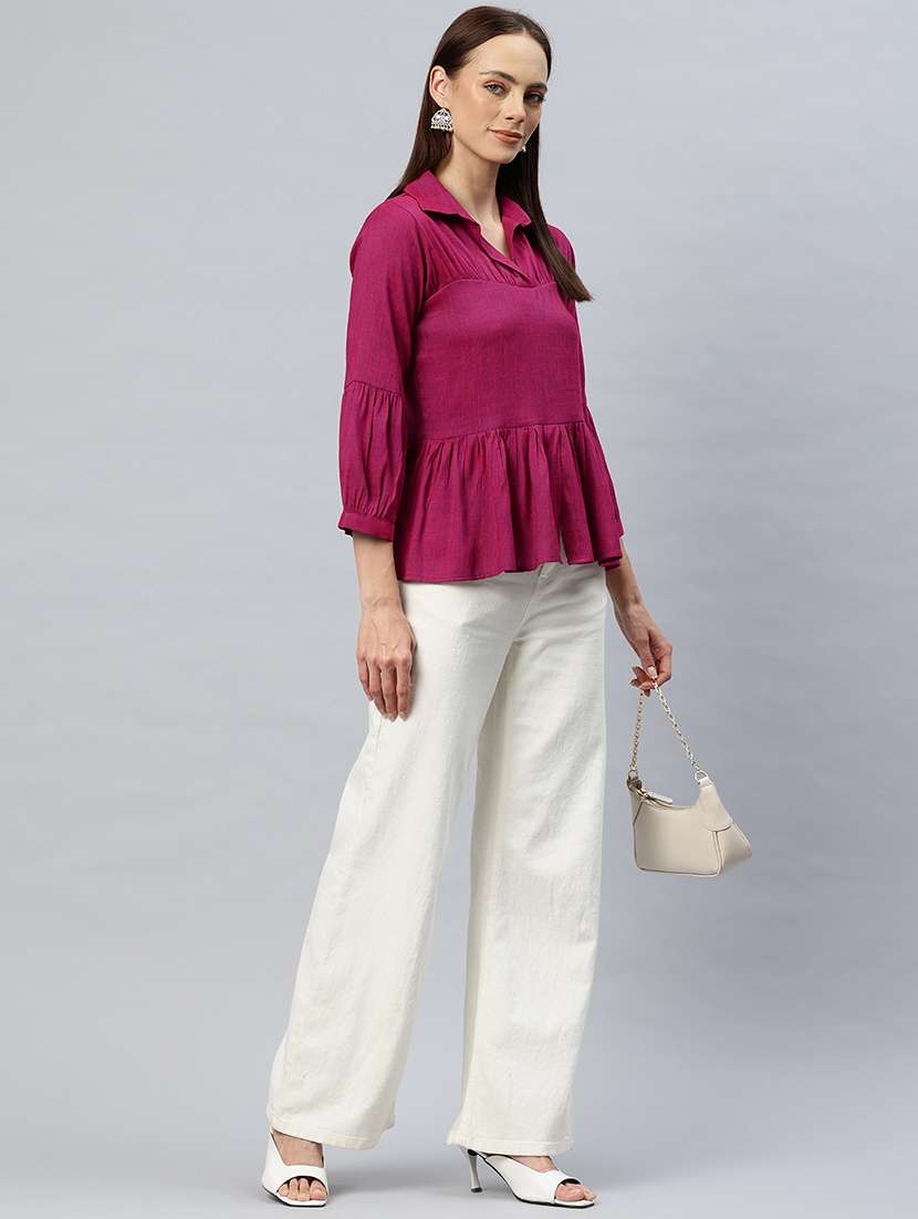 women solid puff sleeves peplum top - 21881219 -  Standard Image - 3