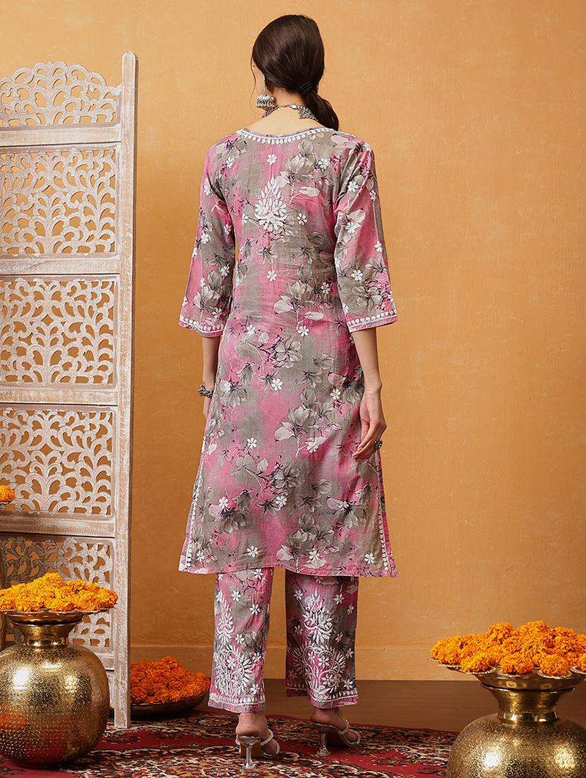 women chikankari three quarter sleeve kurta pant set - 21881222 -  Standard Image - 3