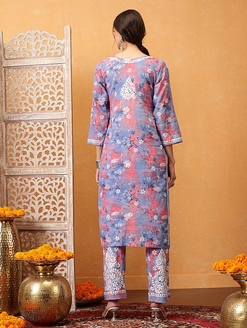 women solid with work round neck kurta set - 21881225 -  Standard Image - 3