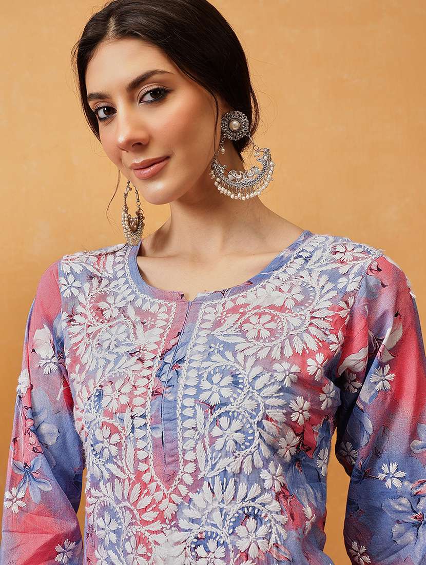 women solid with work round neck kurta set - 21881225 -  Standard Image - 5