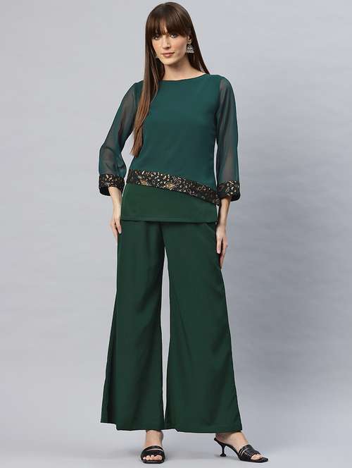 women green three quarter sleeve ethnic co-ord set