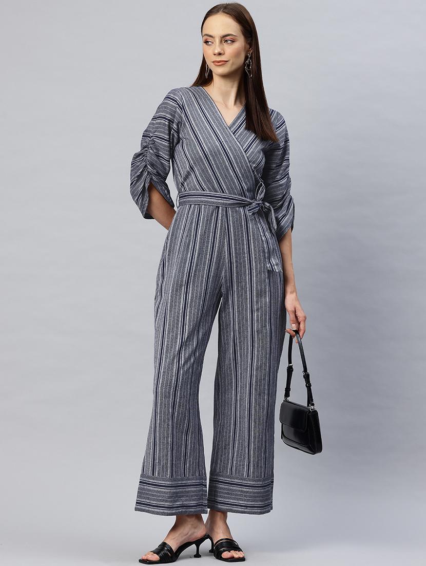 women striped overlap neck full length jumpsuit - 21881251 - Standard Image - 3
