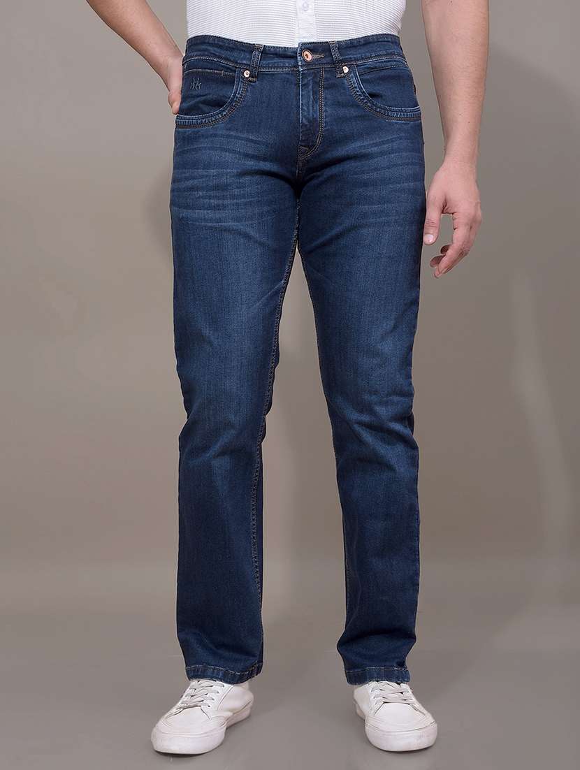 men washed mid rise full length denim jeans