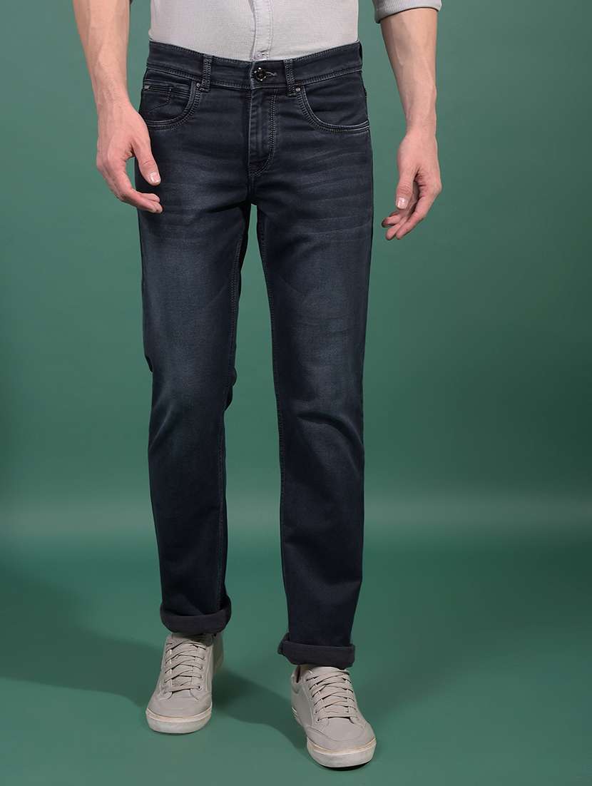 men washed mid rise full length denim jeans