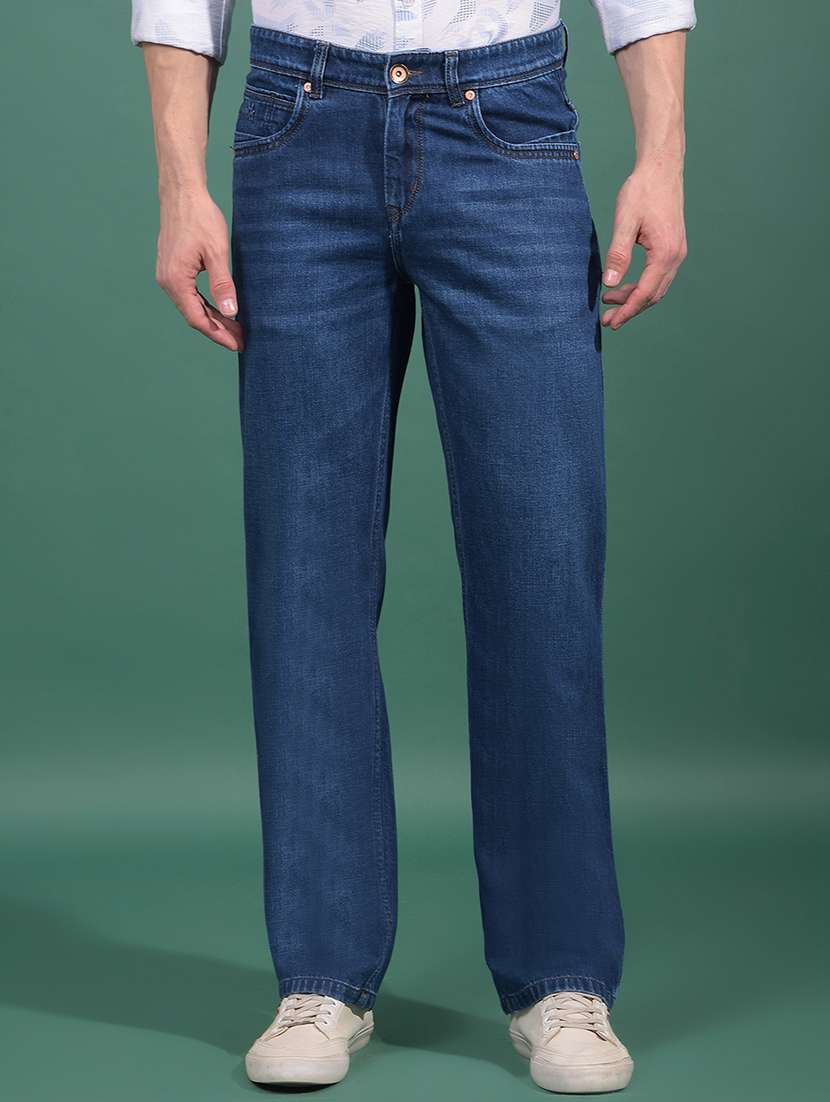 men washed mid rise full length denim jeans