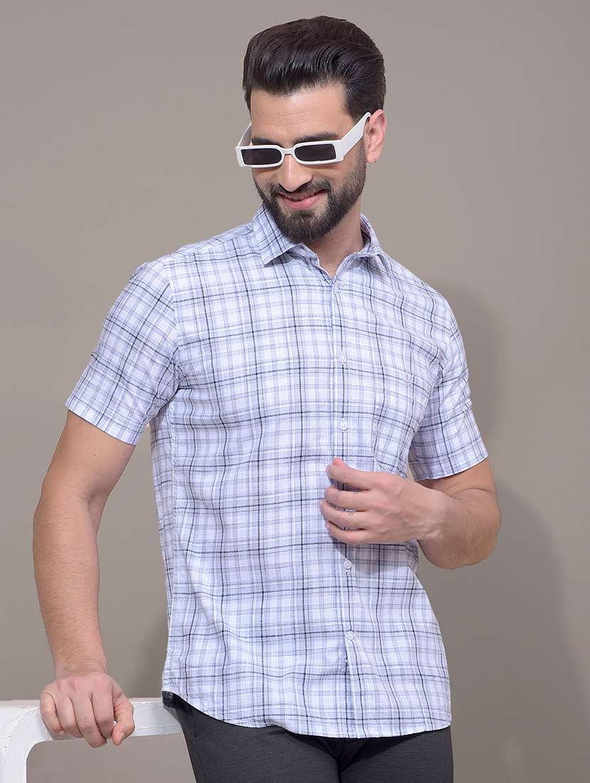 men checkered short sleeve slim fit casual shirt