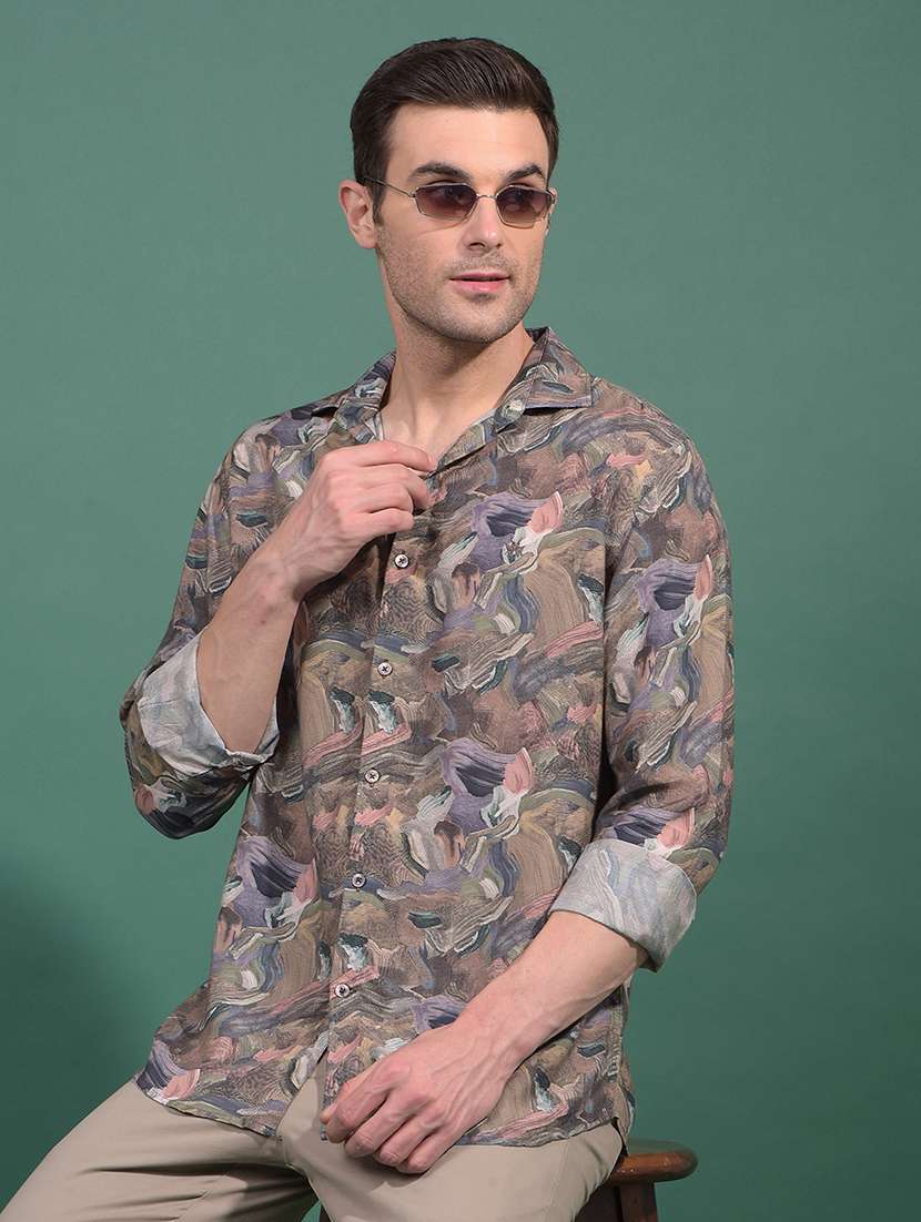 men abstract long sleeve slim fit casual shirt