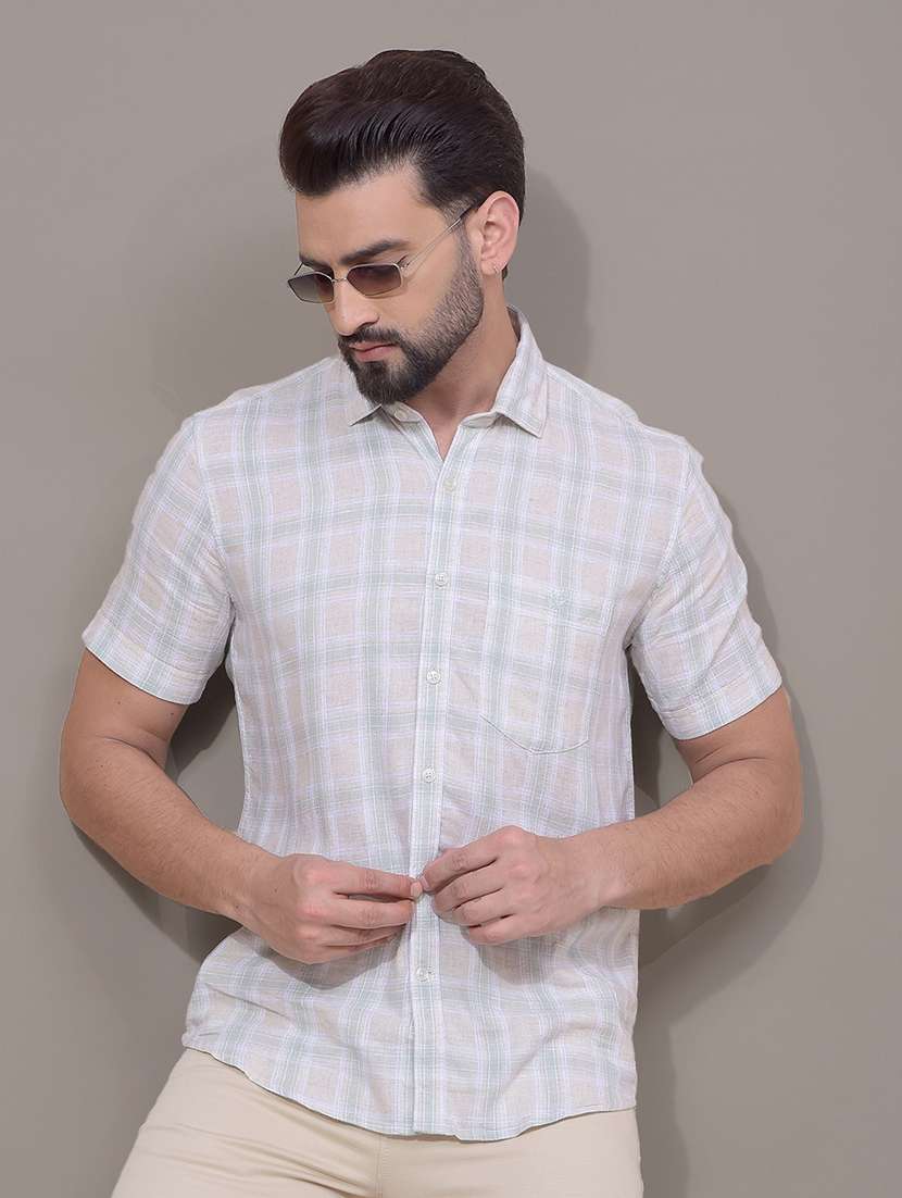 men checkered short sleeve slim fit casual shirt