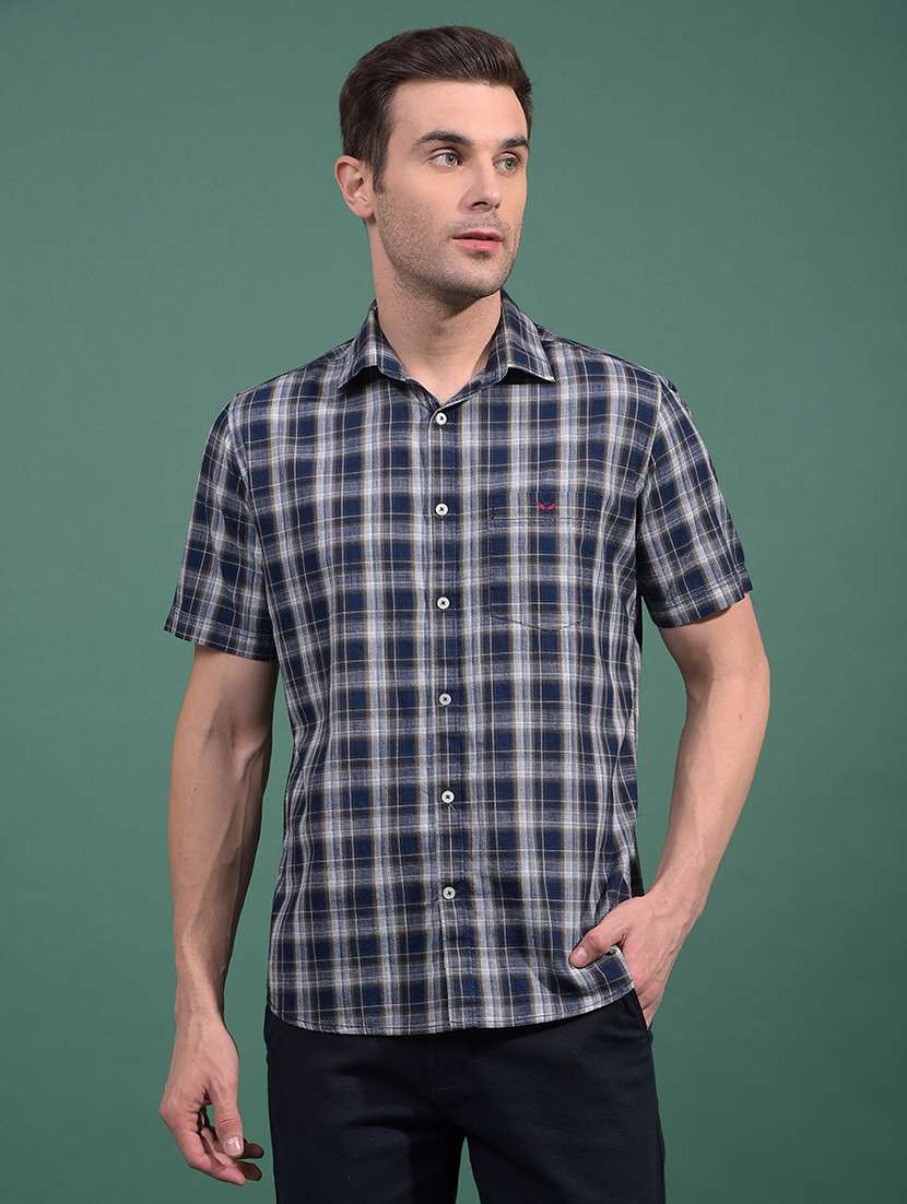 men checkered short sleeve slim fit casual shirt