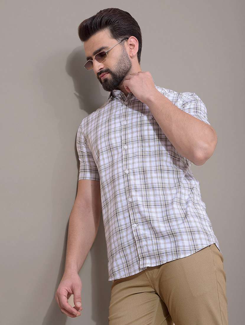 men checkered short sleeve slim fit casual shirt