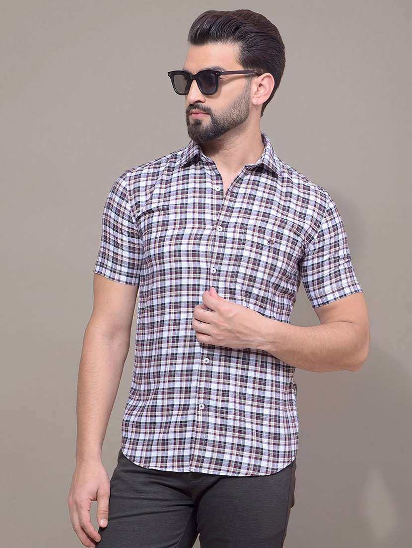 men checkered short sleeve slim fit casual shirt