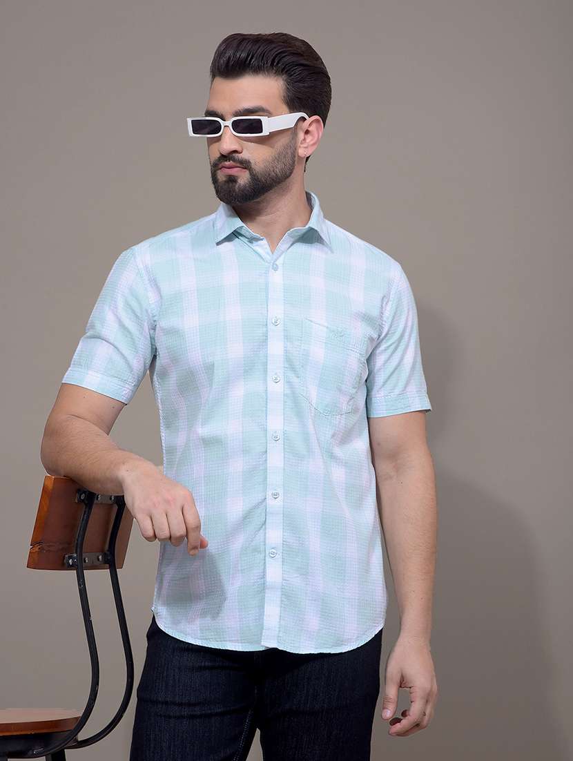 men checkered short sleeve slim fit casual shirt