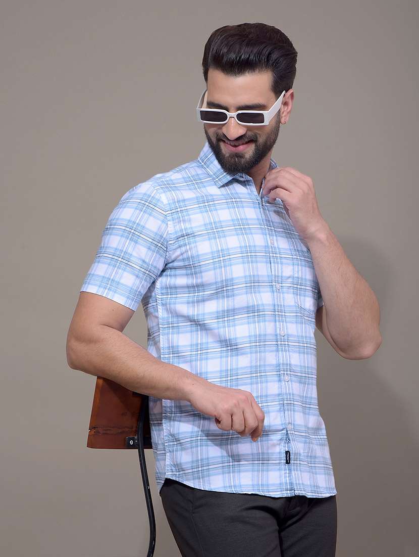 men checkered short sleeve slim fit casual shirt