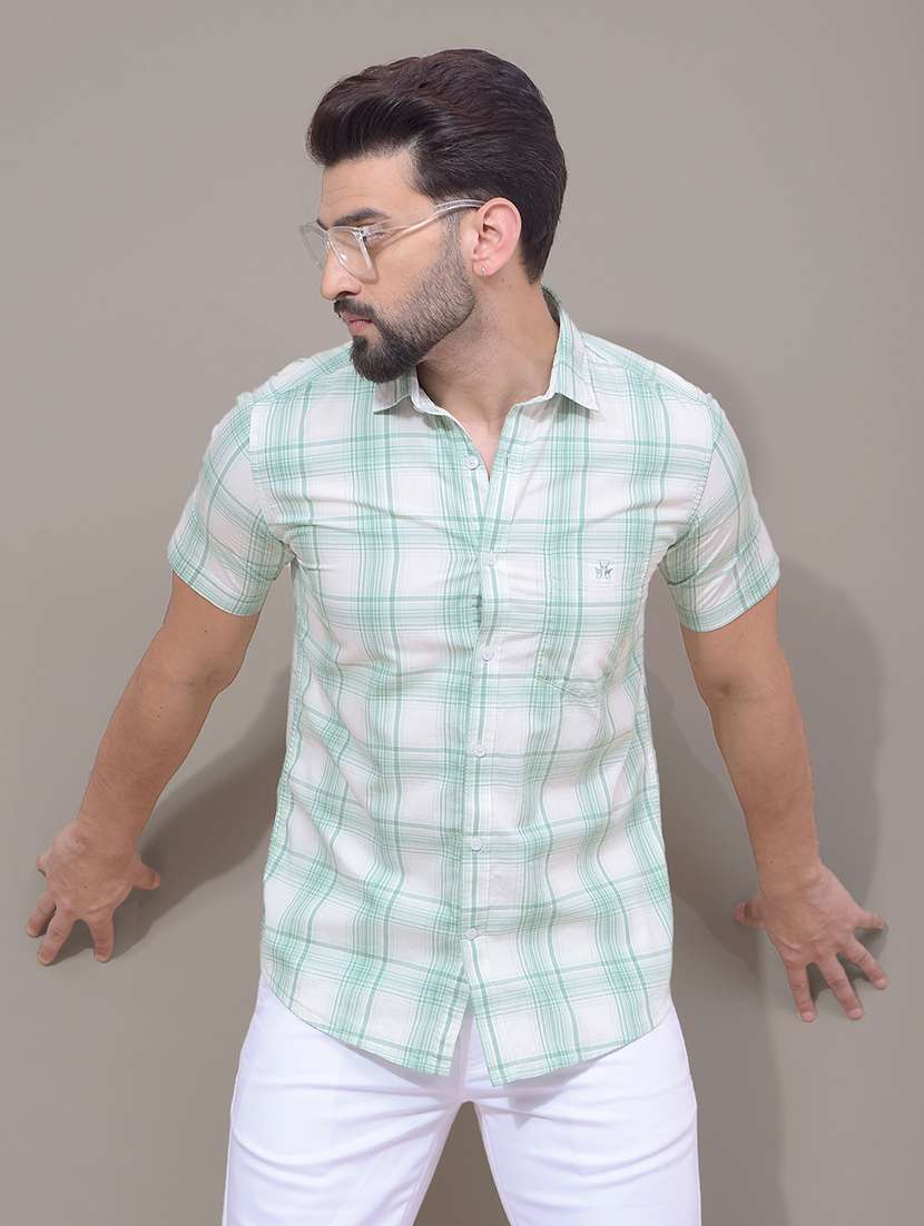 men checkered short sleeve slim fit casual shirt