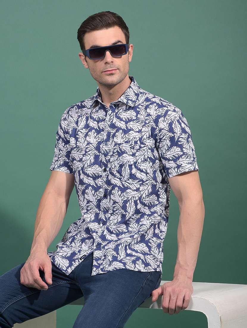 men printed short sleeve slim fit casual shirt