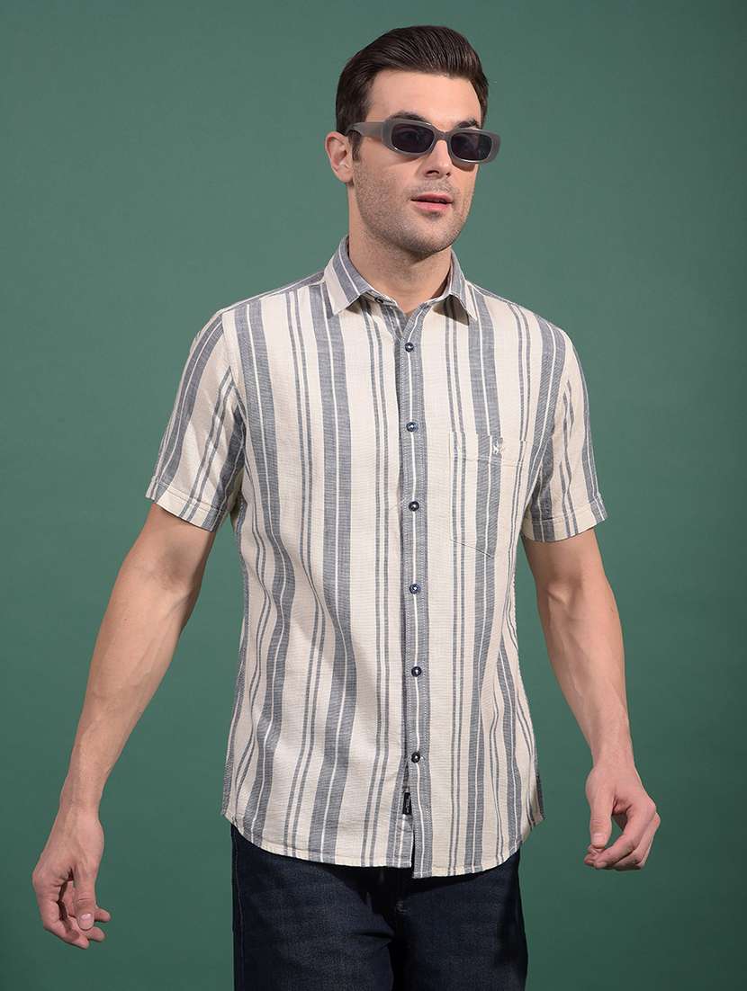 men striped short sleeve slim fit casual shirt