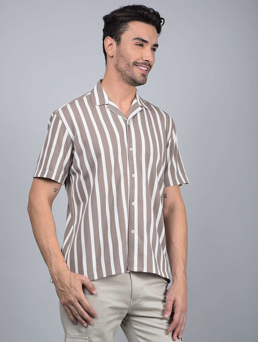men striped short sleeve slim fit casual shirt