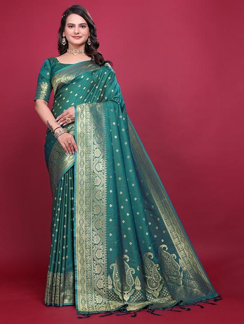 women teal self design banarasi saree with blouse - 21881498 - Standard Image - 0