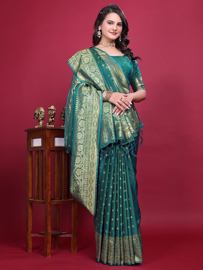 women teal self design banarasi saree with blouse - 21881498 - Standard Image - 3