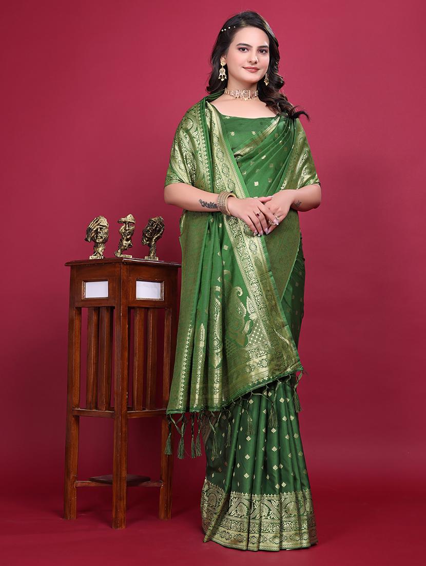 women green self design banarasi saree with blouse - 21881499 - Standard Image - 3