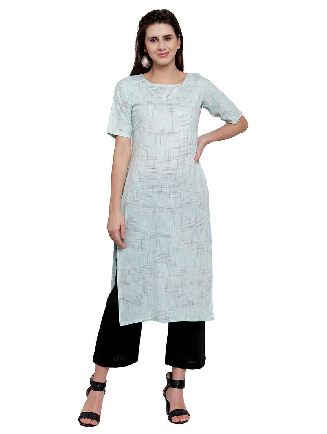 women self design short sleeve straight kurta