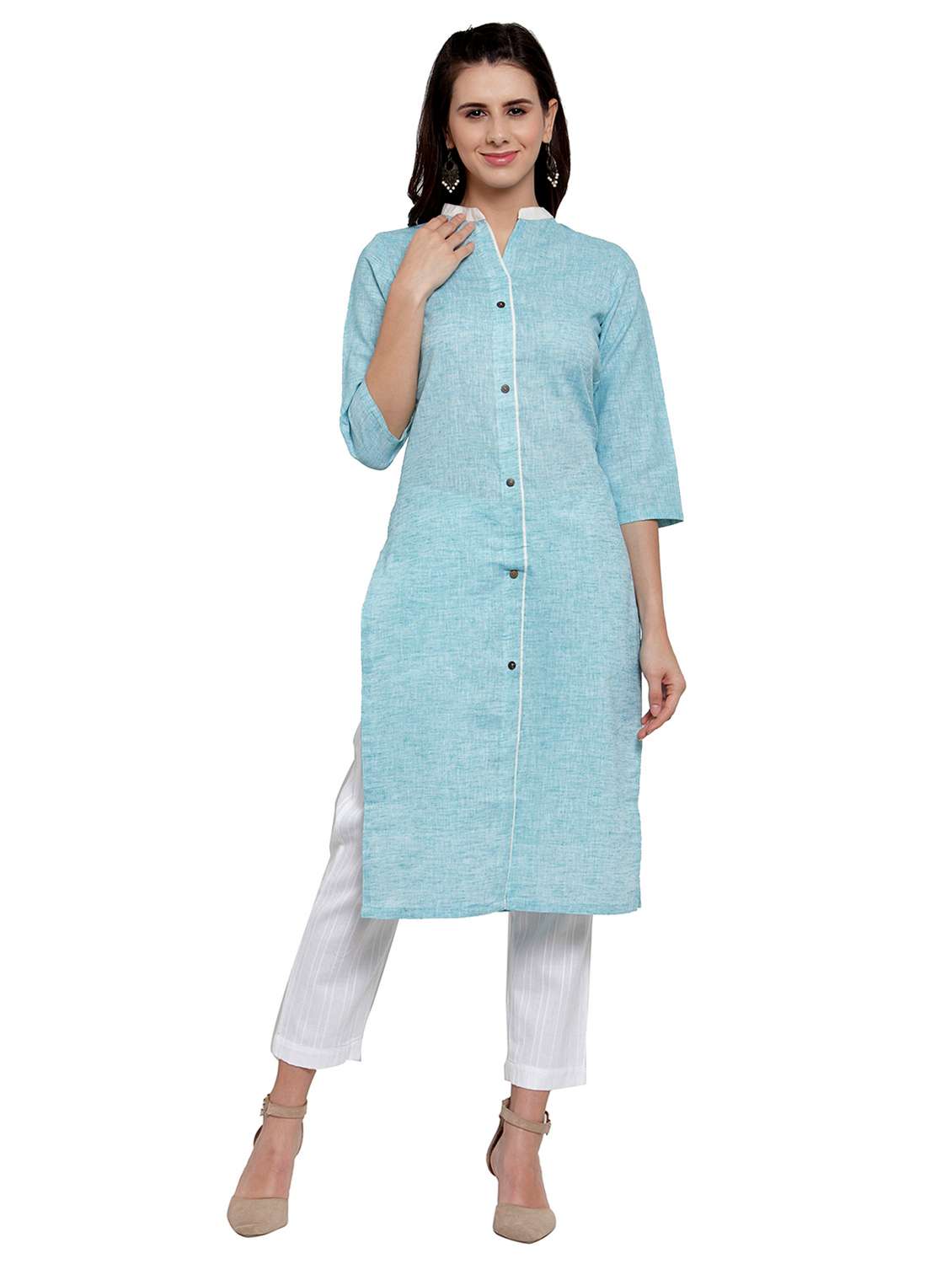 women solid three quarter sleeve straight kurta - 21881539 -  Zoom Image - 0