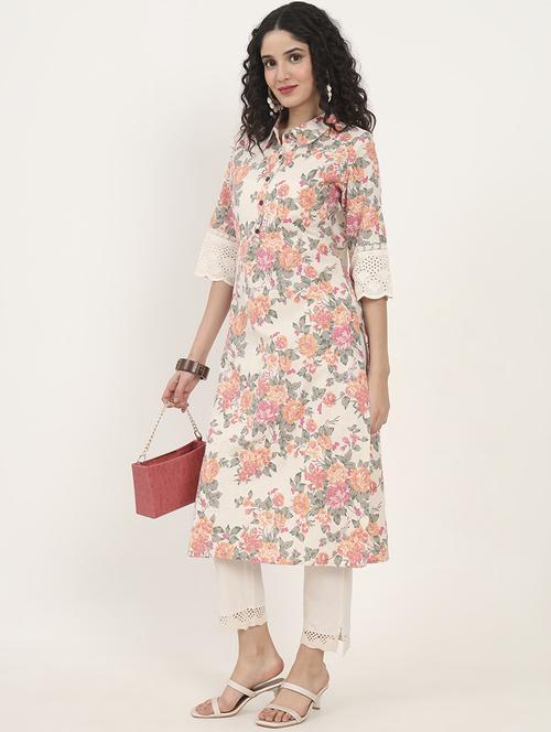 women floral three quarter sleeve straight kurta - 21881676 - Standard Image - 0