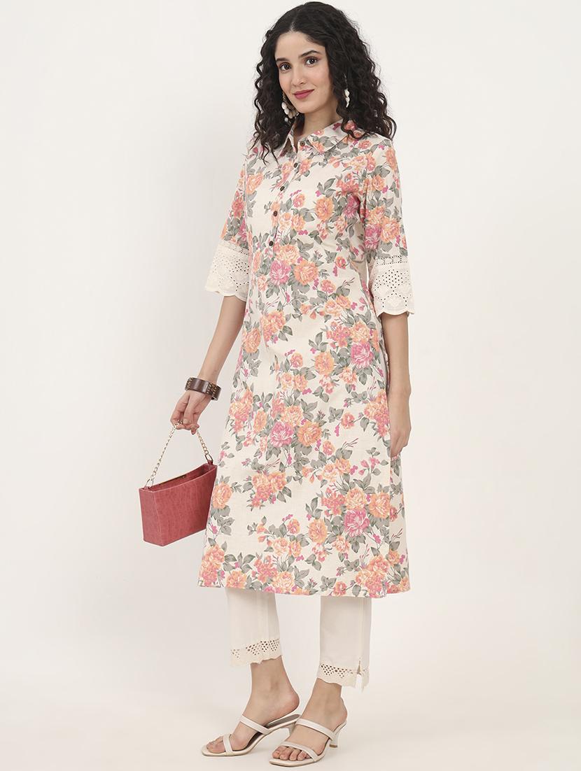 women floral three quarter sleeve straight kurta - 21881676 - Zoom Image - 0