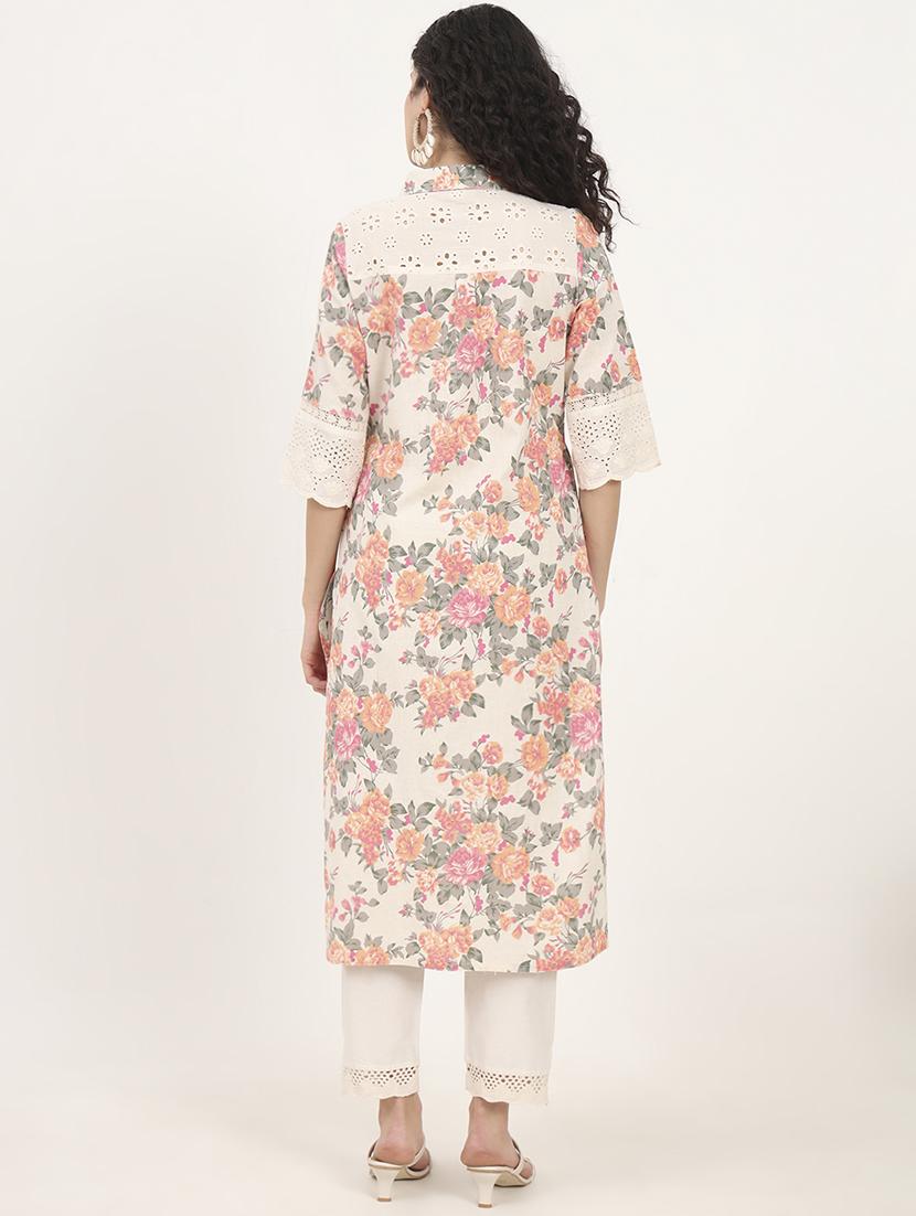 women floral three quarter sleeve straight kurta - 21881676 - Standard Image - 3