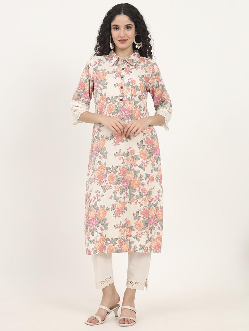 women floral three quarter sleeve straight kurta - 21881676 - Standard Image - 5