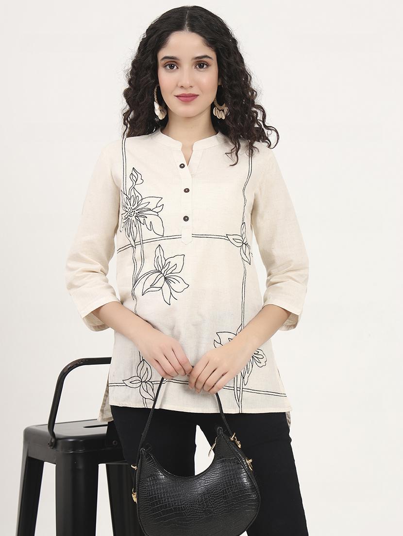 women embroidered mandarin neck high low kurti - 21881701 -  Zoom Image - 0