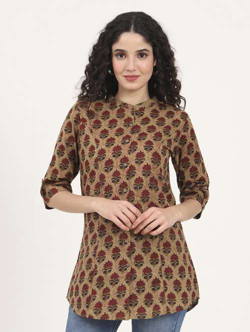 women printed roll-up sleeves kurti - 21881711 - Standard Image - 0