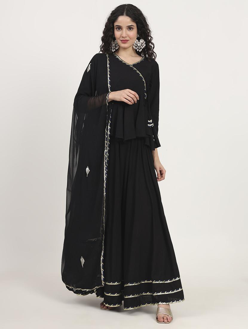women black three quarter sleeve kurta skirt with dupatta set - 21881750 -  Zoom Image - 0