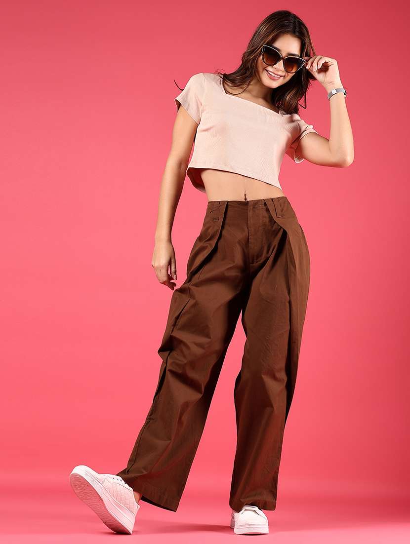 women solid high rise pleated straight trouser - 21881837 - Standard Image - 5