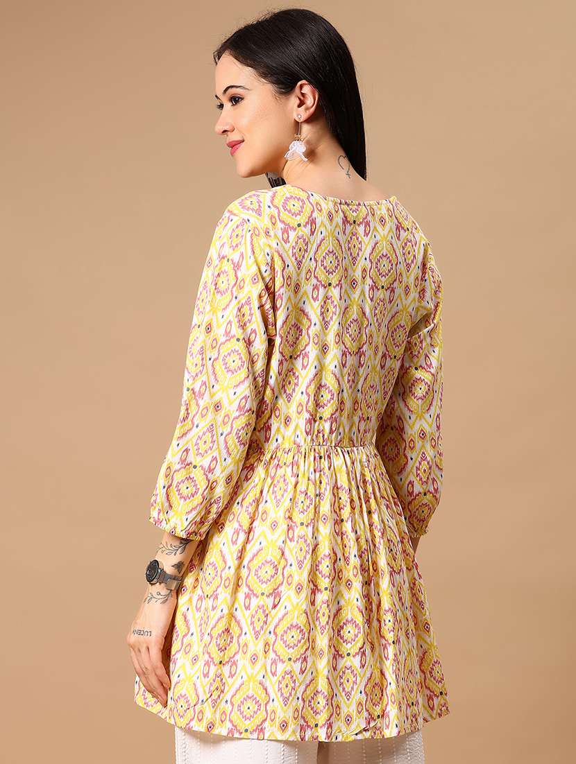 women yellow printed puff sleeve flared kurti - 21881856 - Standard Image - 3