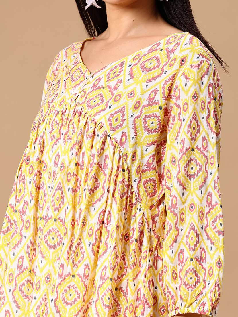 women yellow printed puff sleeve flared kurti - 21881856 - Standard Image - 5