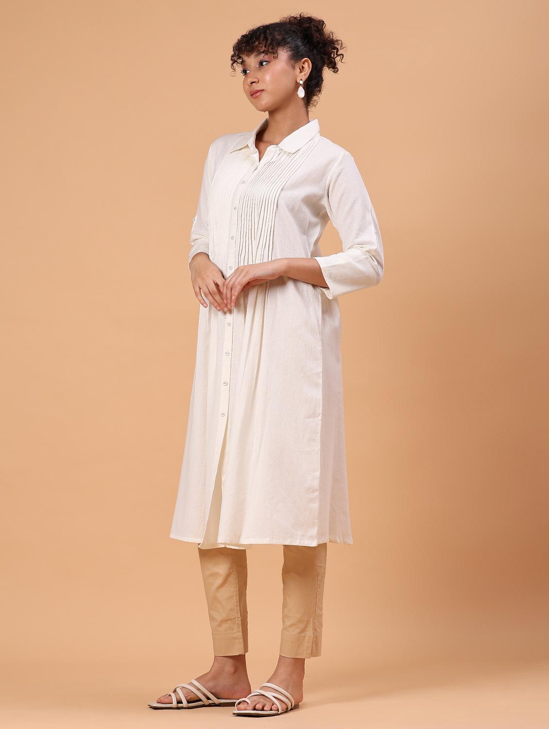 women white solid collared a-line kurta - 21881897 - Standard Image - 3