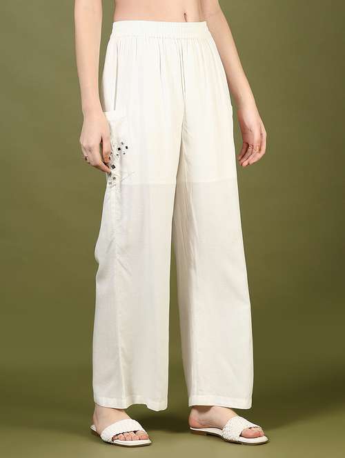 women off white mirror work mid rise palazzo - 21881902 - Standard Image - 0