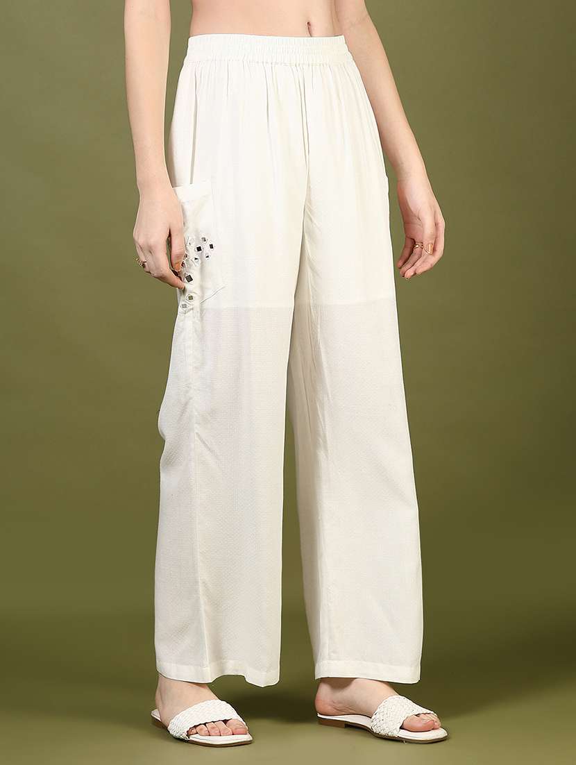 women off white mirror work mid rise palazzo - 21881902 - Zoom Image - 0