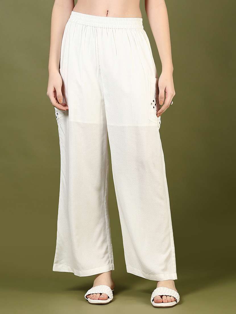 women off white mirror work mid rise palazzo - 21881902 - Standard Image - 5