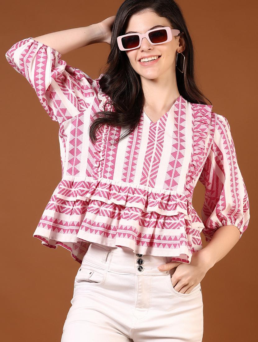 women printed puff sleeve peplum top