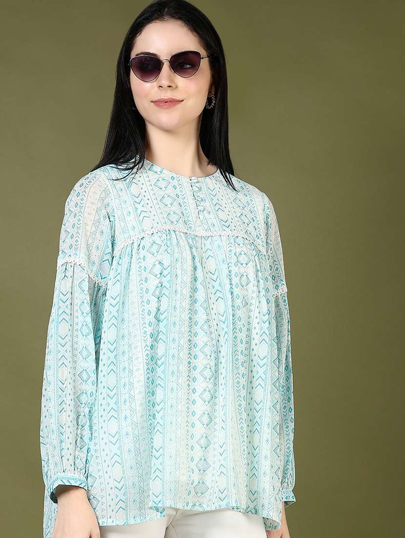 women ligh blue printed puff sleeve a-line top
