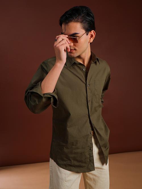 olive cotton casual shirt - 21885280 - Standard Image - 0