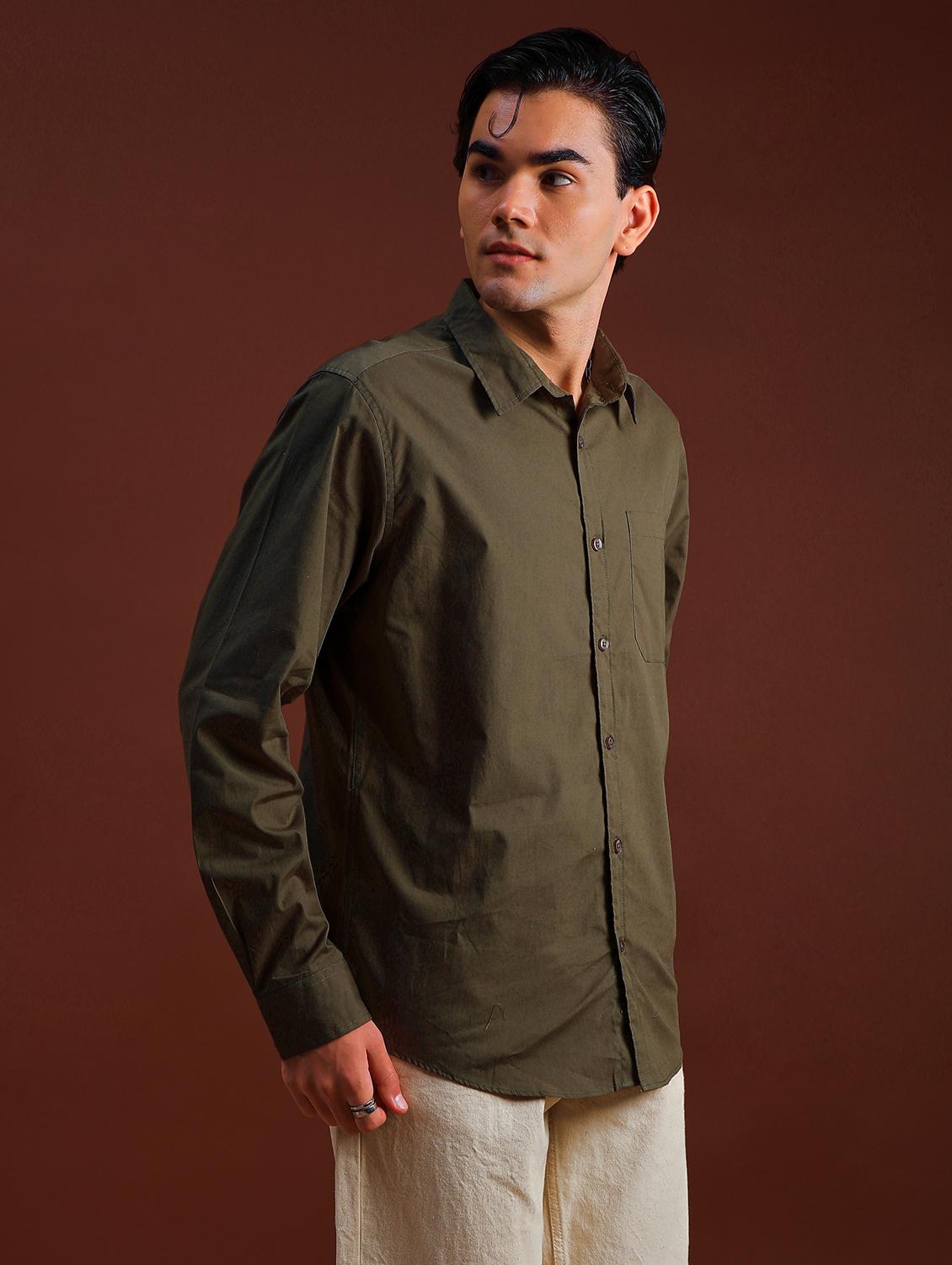 olive cotton casual shirt - 21885280 - Standard Image - 3
