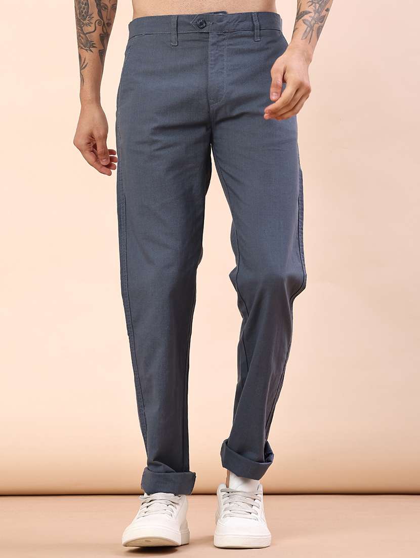 blue linen flat front casual trousers