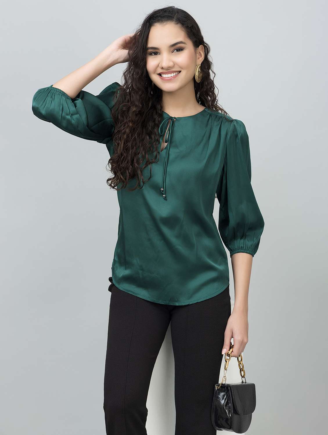 women solid puff sleeves regular top