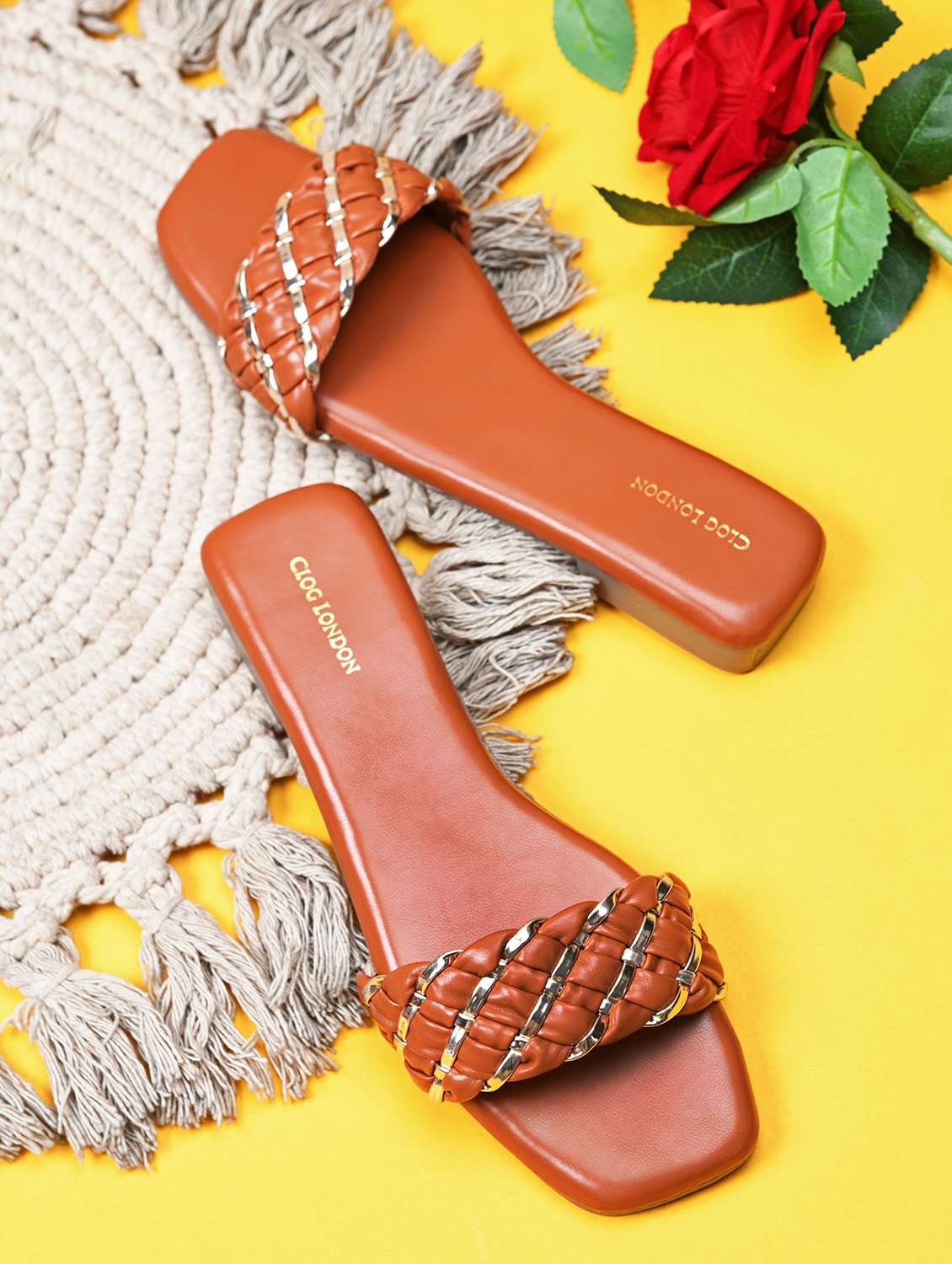 women tan slip on sandal
