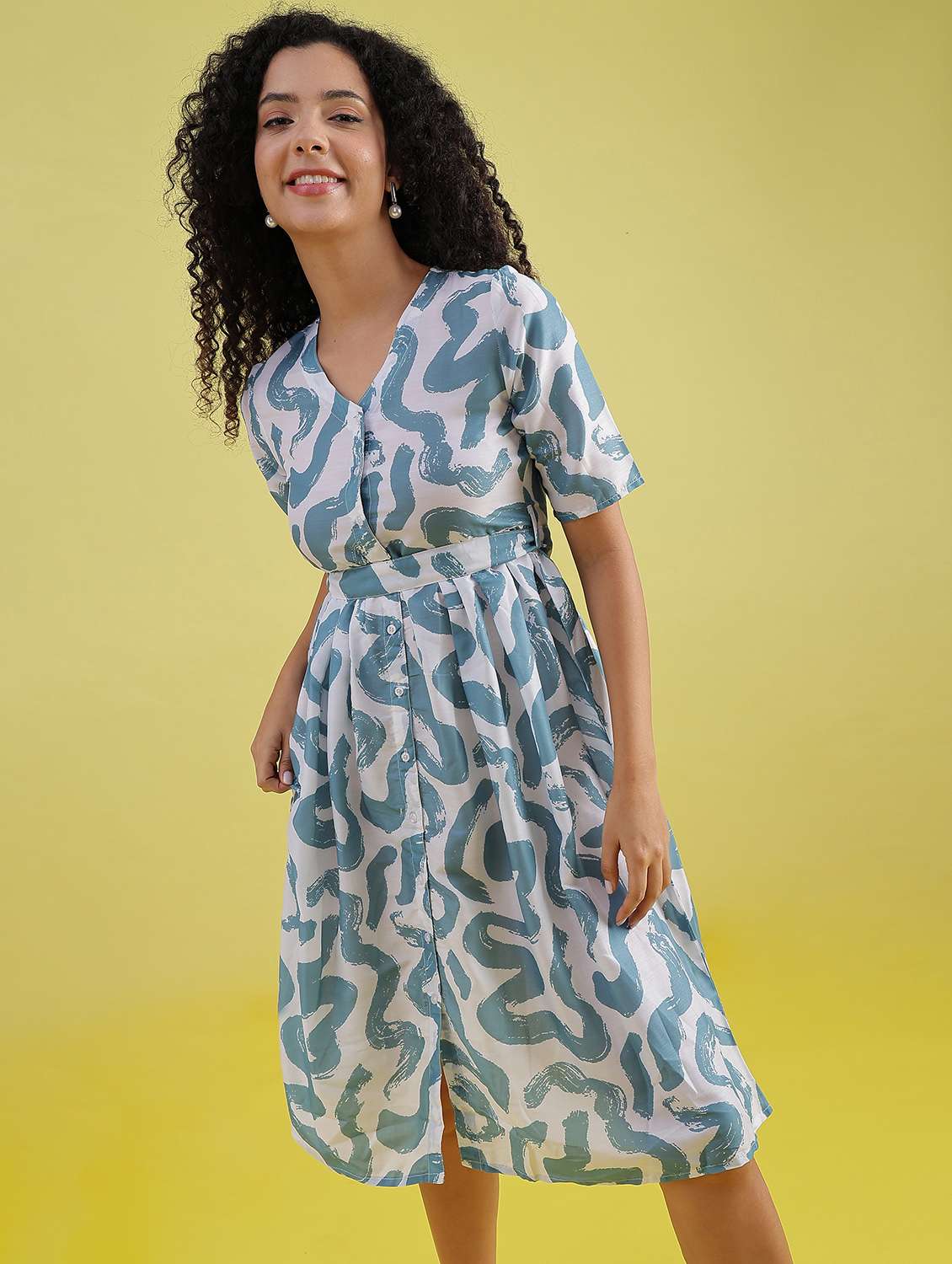 women printed v neck fit & flare dress